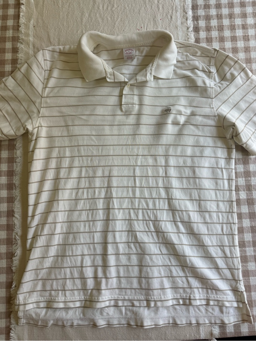 Brooks Brothers Boys White Polo with Thin Tan Stripes